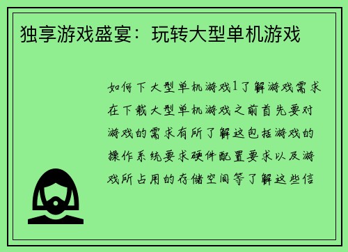 独享游戏盛宴：玩转大型单机游戏